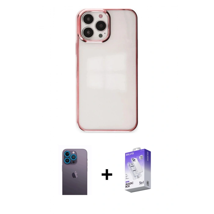 MARSİLYAN™- iPhone 13 Pro Max Kılıf Doruk Doku Prime - Siyah Bilvis 5in1 3D Magic Cam Ekran Koruyucu + Neon Fosforlu Kamera Lens - MI