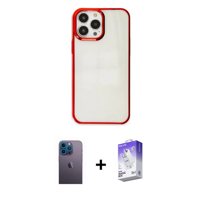 MARSİLYAN™- iPhone 13 Pro Max Kılıf Doruk Doku Prime - Siyah Bilvis 5in1 3D Magic Cam Ekran Koruyucu + Neon Fosforlu Kamera Lens - MI