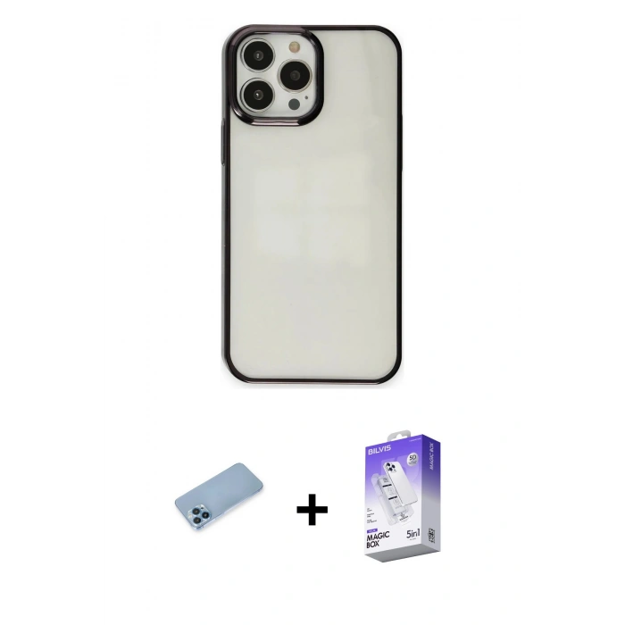 MARSİLYAN™- iPhone 13 Pro Max Kılıf Doruk Doku Prime - Siyah Bilvis 5in1 3D Magic Cam Ekran Koruyucu + Shine Kamera Lens Koruma Cam - MI
