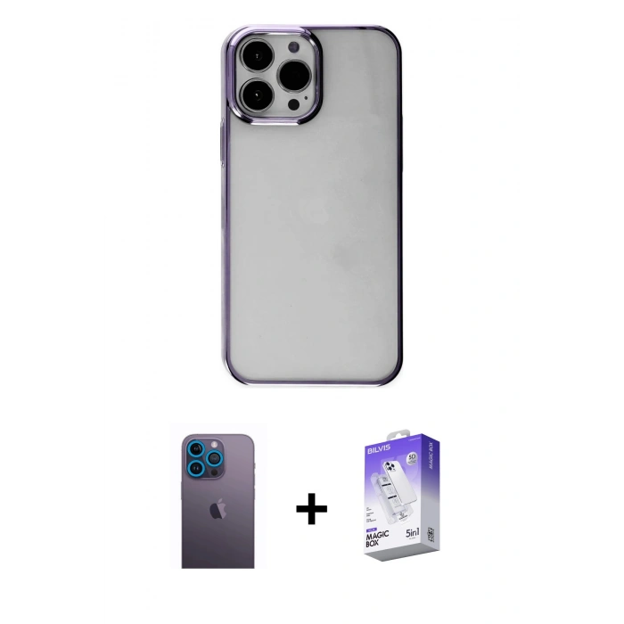 MARSİLYAN™- iPhone 13 Pro Max Kılıf Doruk Doku Prime - Siyah Bilvis 5in1 3D Magic Cam Ekran Koruyucu + Neon Fosforlu Kamera Lens - MI