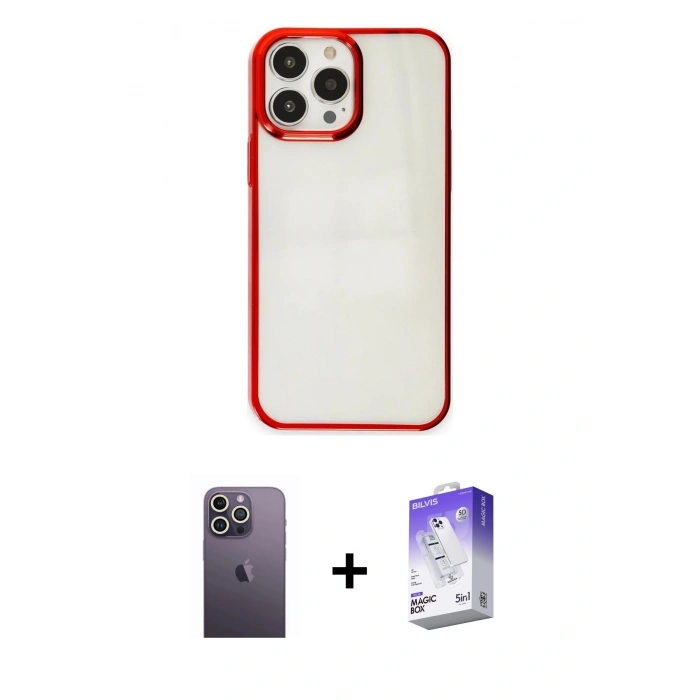 MARSİLYAN™- iPhone 13 Pro Max Kılıf Doruk Doku Prime - Siyah Bilvis 5in1 3D Magic Cam Ekran Koruyucu + Neon Fosforlu Kamera Lens - BZ