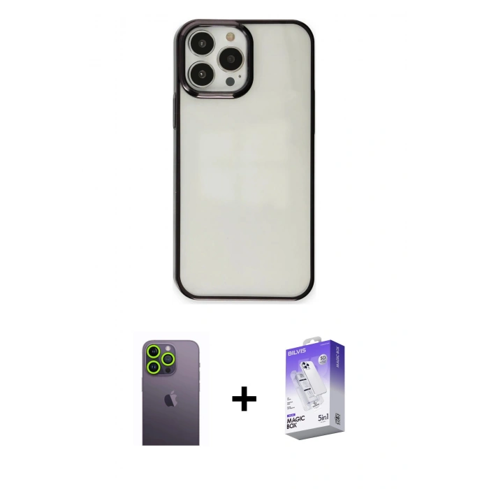MARSİLYAN™- iPhone 13 Pro Max Kılıf Doruk Doku Prime - Siyah Bilvis 5in1 3D Magic Cam Ekran Koruyucu + Neon Fosforlu Kamera Lens - YL