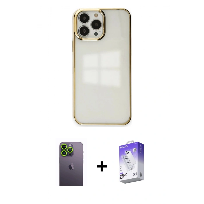 MARSİLYAN™- iPhone 13 Pro Max Kılıf Doruk Doku Prime - Siyah Bilvis 5in1 3D Magic Cam Ekran Koruyucu + Neon Fosforlu Kamera Lens - YL