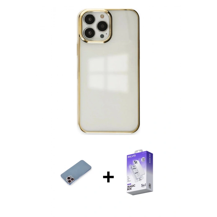 MARSİLYAN™- iPhone 13 Pro Max Kılıf Doruk Doku Prime - Siyah Bilvis 5in1 3D Magic Cam Ekran Koruyucu + Shine Kamera Lens Koruma Cam - PE