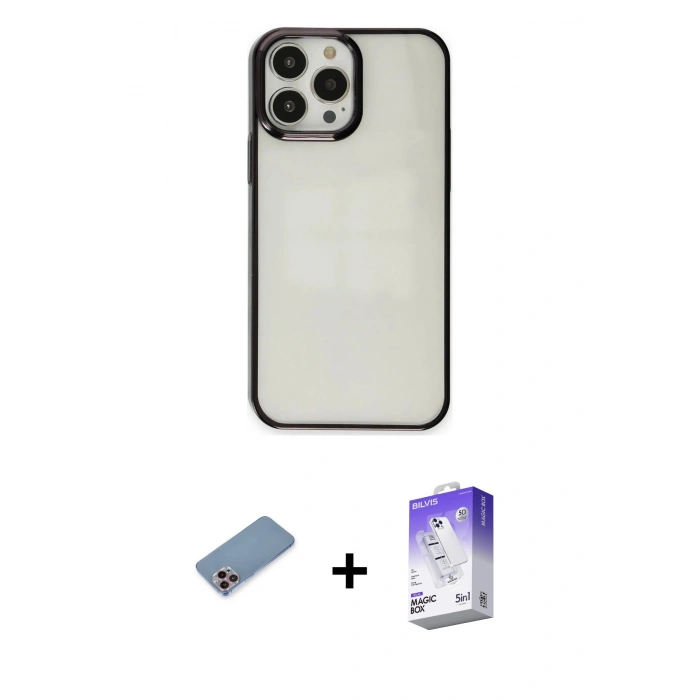 MARSİLYAN™- iPhone 13 Pro Max Kılıf Doruk Doku Prime - Siyah Bilvis 5in1 3D Magic Cam Ekran Koruyucu + Shine Kamera Lens Koruma Cam - PE