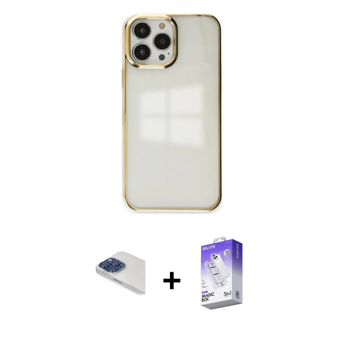MARSİLYAN™- iPhone 13 Pro Max Kılıf Doruk Doku Prime - Siyah Bilvis 5in1 3D Magic Cam Ekran Koruyucu + Pers Alüminyum Kamera Lens - LT