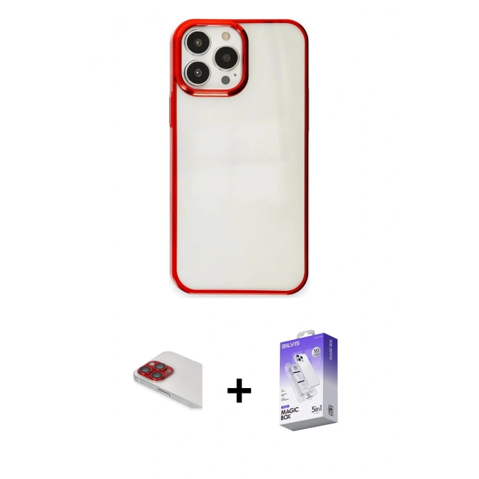 MARSİLYAN™- iPhone 13 Pro Max Kılıf Doruk Doku Prime - Siyah Bilvis 5in1 3D Magic Cam Ekran Koruyucu + Pers Alüminyum Kamera Lens - KI