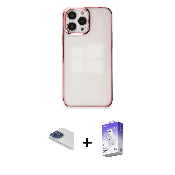 MARSİLYAN™- iPhone 13 Pro Max Kılıf Doruk Doku Prime - Siyah Bilvis 5in1 3D Magic Cam Ekran Koruyucu + Pers Alüminyum Kamera Lens - LT