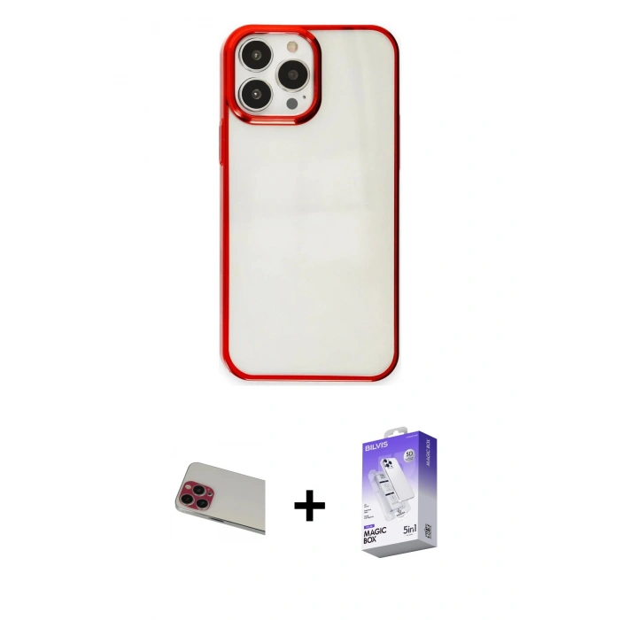 MARSİLYAN™- iPhone 13 Pro Max Kılıf Doruk Doku Prime - Siyah Bilvis 5in1 3D Magic Cam Ekran Koruyucu + Rainbow Kamera Lens Koruma Cam - KI