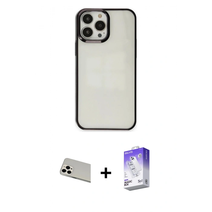 MARSİLYAN™- iPhone 13 Pro Max Kılıf Doruk Doku Prime - Siyah Bilvis 5in1 3D Magic Cam Ekran Koruyucu + Rainbow Kamera Lens Koruma Cam - BZ