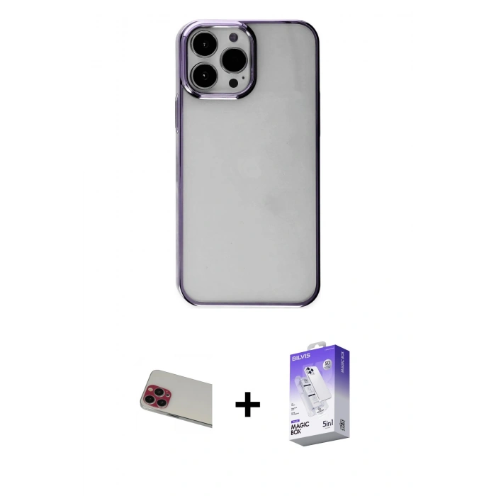 MARSİLYAN™- iPhone 13 Pro Max Kılıf Doruk Doku Prime - Siyah Bilvis 5in1 3D Magic Cam Ekran Koruyucu + Rainbow Kamera Lens Koruma Cam - KI