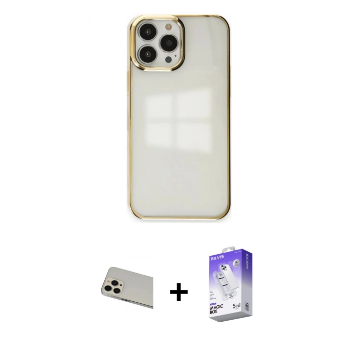 MARSİLYAN™- iPhone 13 Pro Max Kılıf Doruk Doku Prime - Siyah Bilvis 5in1 3D Magic Cam Ekran Koruyucu + Rainbow Kamera Lens Koruma Cam - REGD