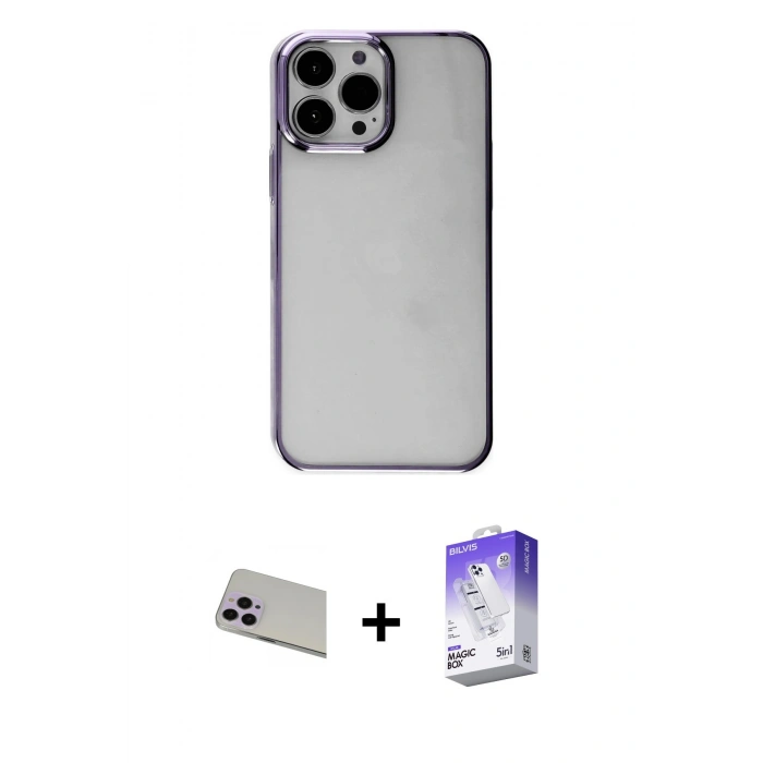 MARSİLYAN™- iPhone 13 Pro Max Kılıf Doruk Doku Prime - Siyah Bilvis 5in1 3D Magic Cam Ekran Koruyucu + Rainbow Kamera Lens Koruma Cam - MR