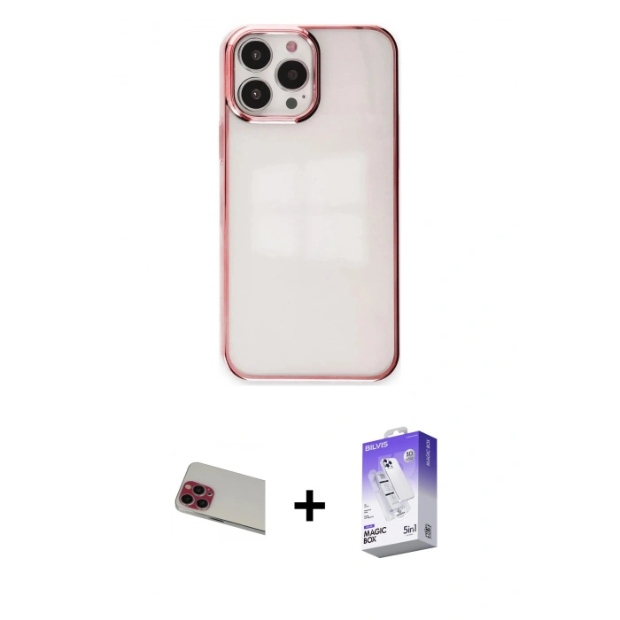 MARSİLYAN™- iPhone 13 Pro Max Kılıf Doruk Doku Prime - Siyah Bilvis 5in1 3D Magic Cam Ekran Koruyucu + Rainbow Kamera Lens Koruma Cam - KI