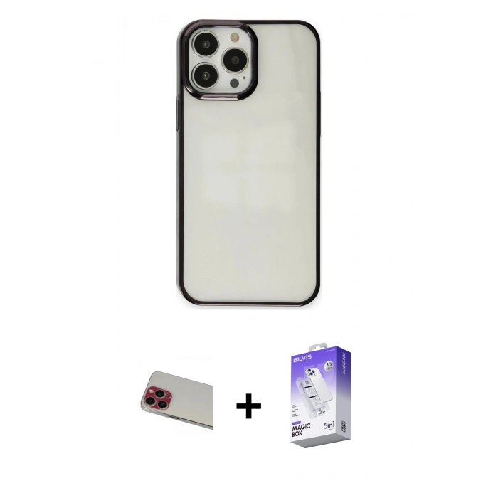 MARSİLYAN™- iPhone 13 Pro Max Kılıf Doruk Doku Prime - Siyah Bilvis 5in1 3D Magic Cam Ekran Koruyucu + Rainbow Kamera Lens Koruma Cam - KI