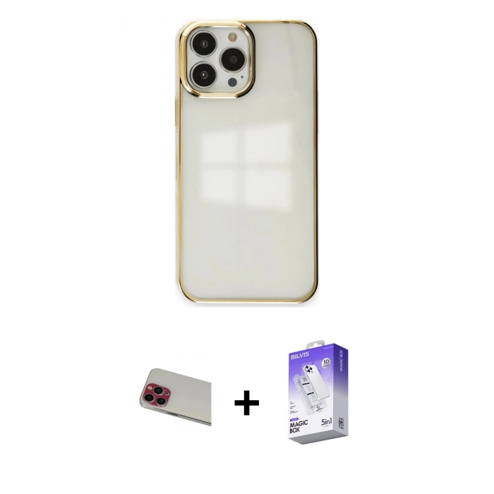 MARSİLYAN™- iPhone 13 Pro Max Kılıf Doruk Doku Prime - Siyah Bilvis 5in1 3D Magic Cam Ekran Koruyucu + Rainbow Kamera Lens Koruma Cam - KI