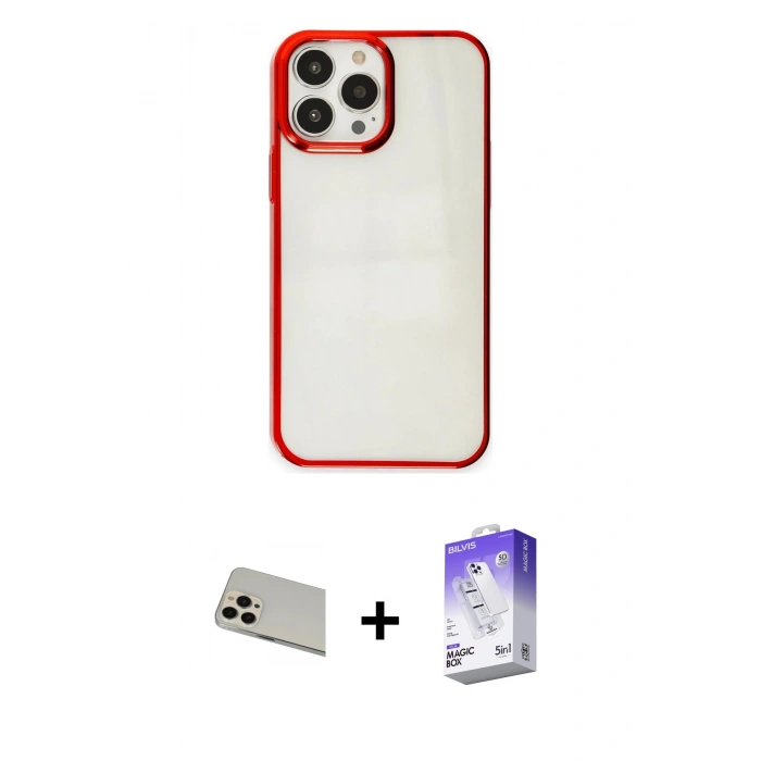 MARSİLYAN™- iPhone 13 Pro Max Kılıf Doruk Doku Prime - Siyah Bilvis 5in1 3D Magic Cam Ekran Koruyucu + Rainbow Kamera Lens Koruma Cam - REGD