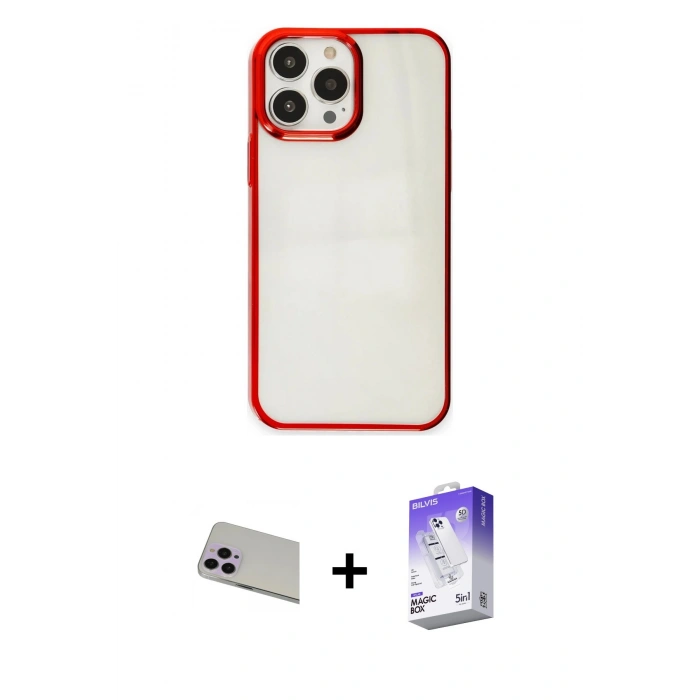 MARSİLYAN™- iPhone 13 Pro Max Kılıf Doruk Doku Prime - Siyah Bilvis 5in1 3D Magic Cam Ekran Koruyucu + Rainbow Kamera Lens Koruma Cam - MR