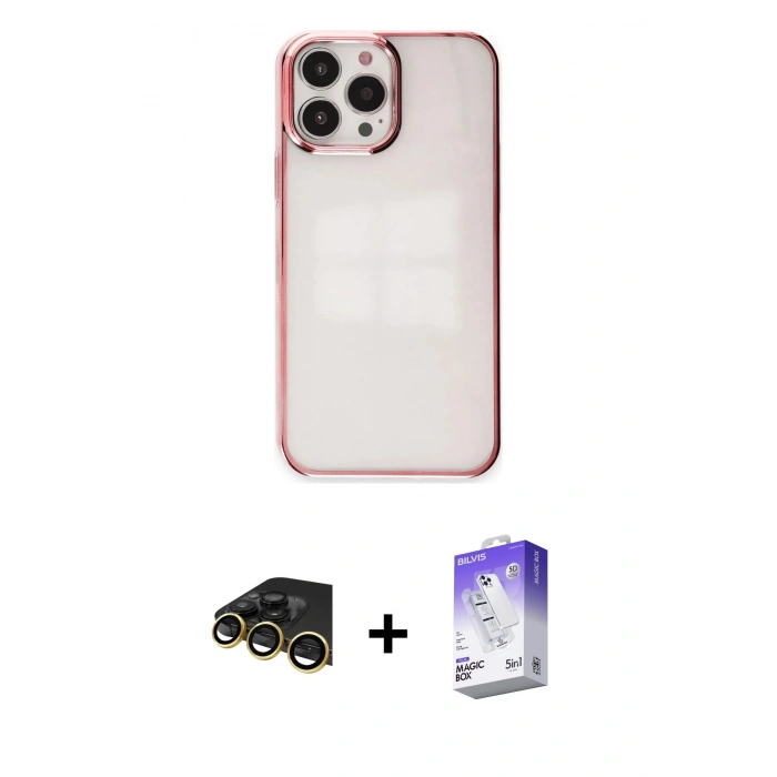 MARSİLYAN™- iPhone 13 Pro Max Kılıf Doruk Doku Prime - Siyah Bilvis 5in1 3D Magic Cam Ekran Koruyucu + Raze Metal Kamera Lens - GD