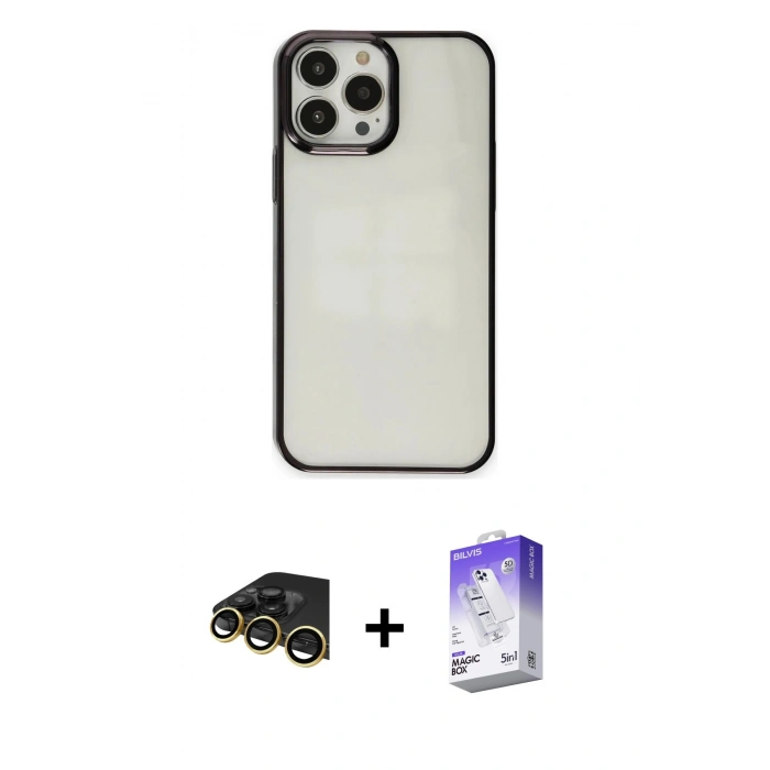 MARSİLYAN™- iPhone 13 Pro Max Kılıf Doruk Doku Prime - Siyah Bilvis 5in1 3D Magic Cam Ekran Koruyucu + Raze Metal Kamera Lens - GD