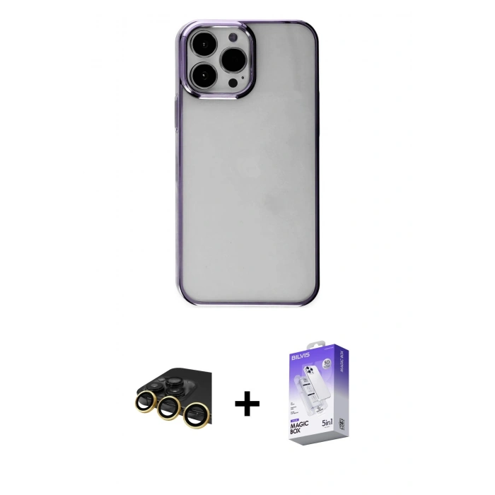 MARSİLYAN™- iPhone 13 Pro Max Kılıf Doruk Doku Prime - Siyah Bilvis 5in1 3D Magic Cam Ekran Koruyucu + Raze Metal Kamera Lens - GD