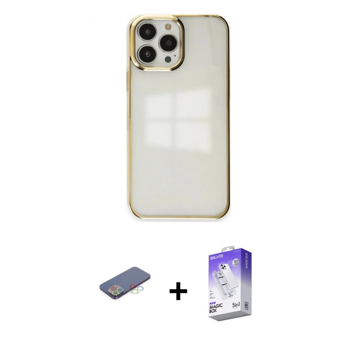 MARSİLYAN™- iPhone 13 Pro Max Kılıf Doruk Doku Prime - Siyah Bilvis 5in1 3D Magic Cam Ekran Koruyucu + Renkli Kamera Lens Koruma Cam - MI
