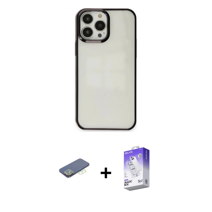 MARSİLYAN™- iPhone 13 Pro Max Kılıf Doruk Doku Prime - Siyah Bilvis 5in1 3D Magic Cam Ekran Koruyucu + Renkli Kamera Lens Koruma Cam - YL