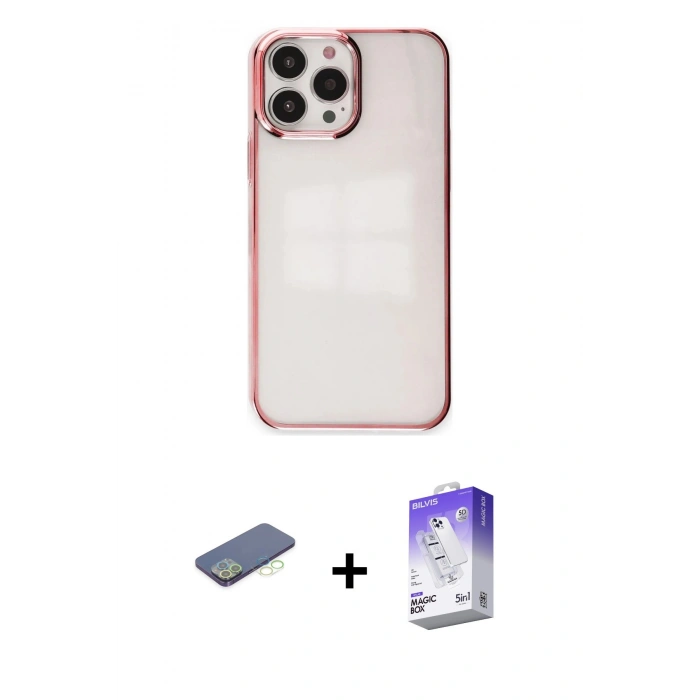 MARSİLYAN™- iPhone 13 Pro Max Kılıf Doruk Doku Prime - Siyah Bilvis 5in1 3D Magic Cam Ekran Koruyucu + Renkli Kamera Lens Koruma Cam - YL