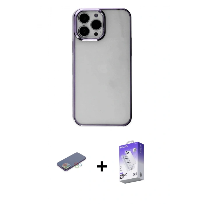 MARSİLYAN™- iPhone 13 Pro Max Kılıf Doruk Doku Prime - Siyah Bilvis 5in1 3D Magic Cam Ekran Koruyucu + Renkli Kamera Lens Koruma Cam - MI