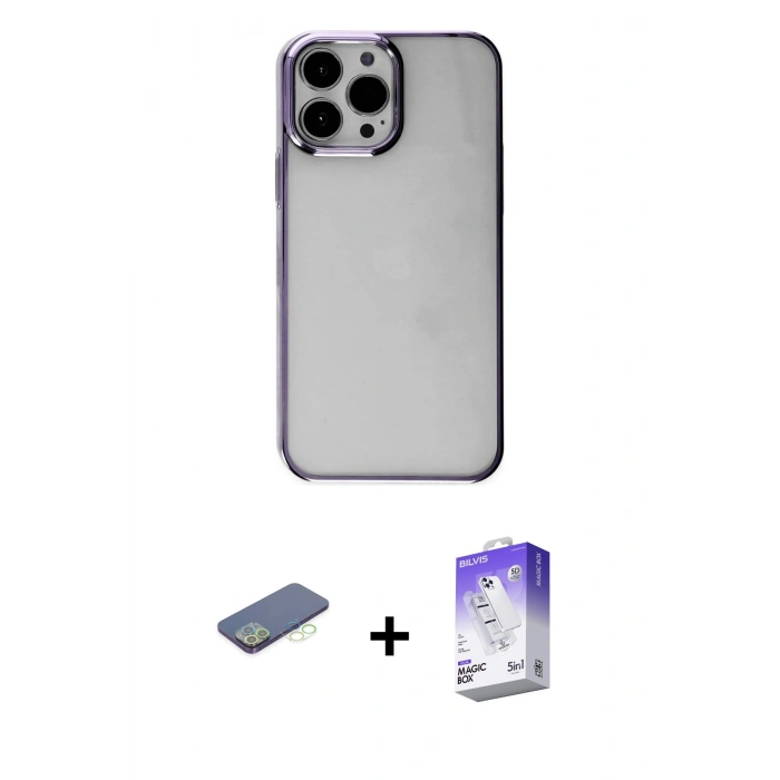 MARSİLYAN™- iPhone 13 Pro Max Kılıf Doruk Doku Prime - Siyah Bilvis 5in1 3D Magic Cam Ekran Koruyucu + Renkli Kamera Lens Koruma Cam - YL