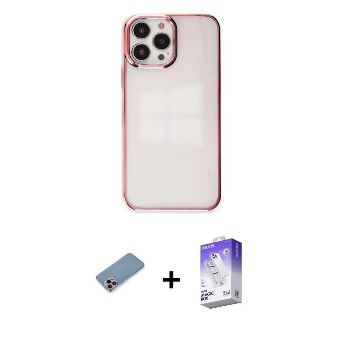 MARSİLYAN™- iPhone 13 Pro Max Kılıf Doruk Doku Prime - Siyah Bilvis 5in1 3D Magic Cam Ekran Koruyucu + Shine Kamera Lens Koruma Cam - PE