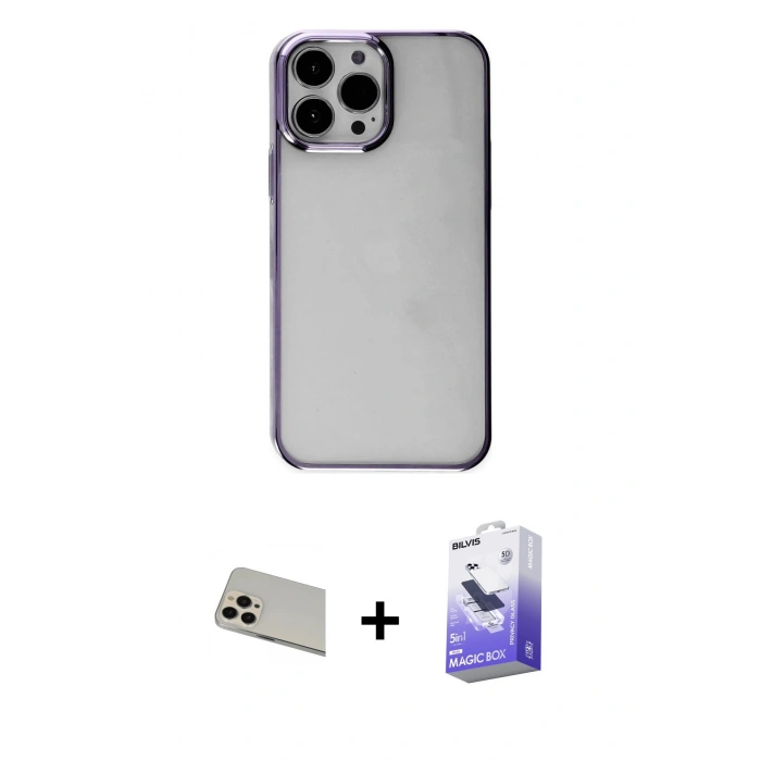 MARSİLYAN™- iPhone 13 Pro Max Kılıf Doruk Doku Prime - Siyah Bilvis 5in1 5D Magic Hayalet Cam Ekran Koruyucu + Rainbow Kamera Lens Koruma Cam - REGD