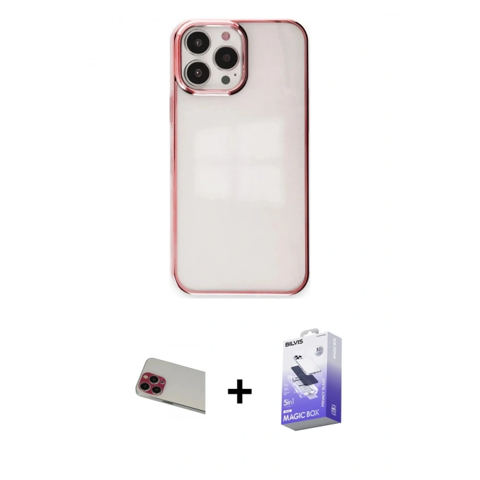 MARSİLYAN™- iPhone 13 Pro Max Kılıf Doruk Doku Prime - Siyah Bilvis 5in1 5D Magic Hayalet Cam Ekran Koruyucu + Rainbow Kamera Lens Koruma Cam - KI
