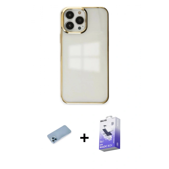 MARSİLYAN™- iPhone 13 Pro Max Kılıf Doruk Doku Prime - Siyah Bilvis 5in1 5D Magic Hayalet Cam Ekran Koruyucu + Shine Kamera Lens Koruma Cam - MI