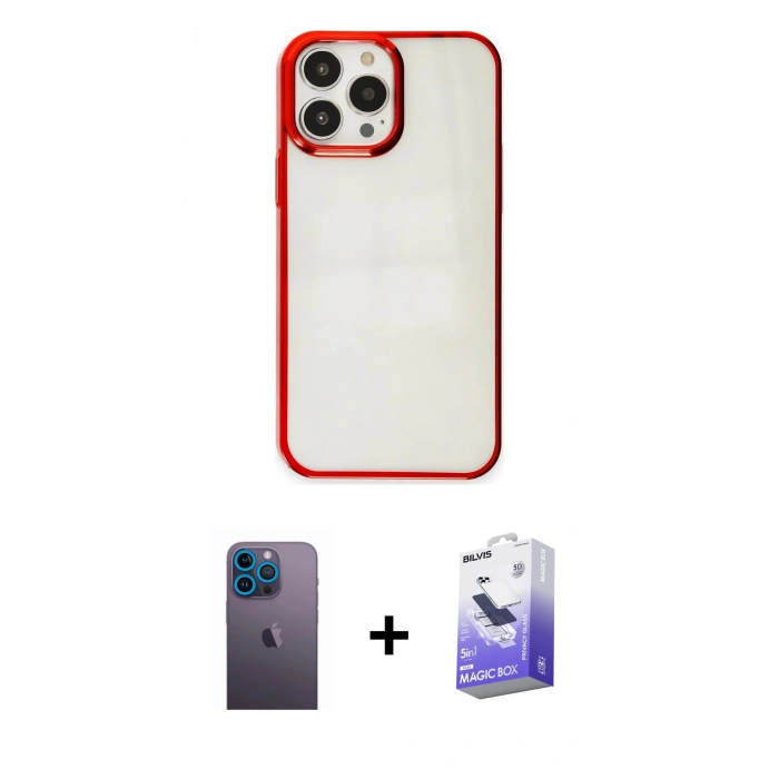 MARSİLYAN™- iPhone 13 Pro Max Kılıf Doruk Doku Prime - Siyah Bilvis 5in1 5D Magic Hayalet Cam Ekran Koruyucu + Neon Fosforlu Kamera Lens - MI