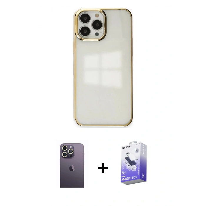 MARSİLYAN™- iPhone 13 Pro Max Kılıf Doruk Doku Prime - Siyah Bilvis 5in1 5D Magic Hayalet Cam Ekran Koruyucu + Neon Fosforlu Kamera Lens - BZ