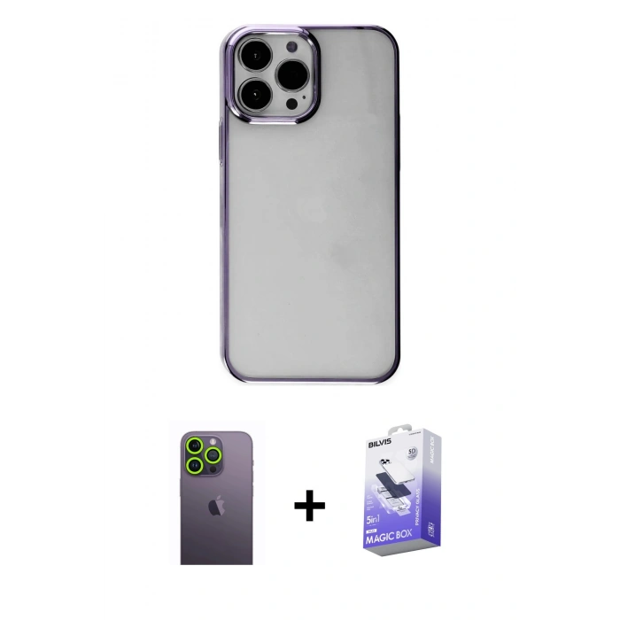 MARSİLYAN™- iPhone 13 Pro Max Kılıf Doruk Doku Prime - Siyah Bilvis 5in1 5D Magic Hayalet Cam Ekran Koruyucu + Neon Fosforlu Kamera Lens - YL