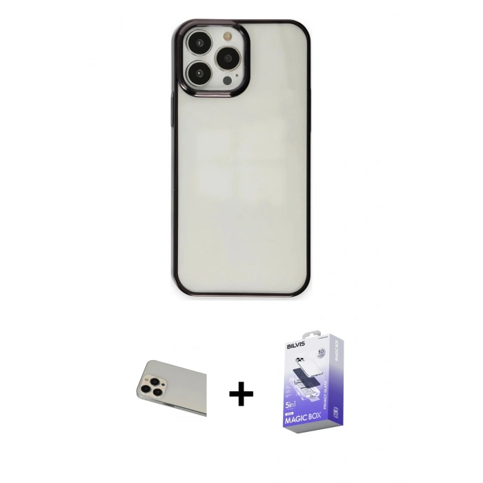 MARSİLYAN™- iPhone 13 Pro Max Kılıf Doruk Doku Prime - Siyah Bilvis 5in1 5D Magic Hayalet Cam Ekran Koruyucu + Rainbow Kamera Lens Koruma Cam - REGD
