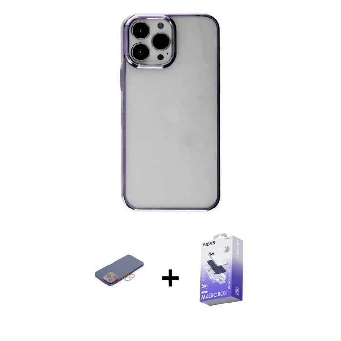 MARSİLYAN™- iPhone 13 Pro Max Kılıf Doruk Doku Prime - Siyah Bilvis 5in1 5D Magic Hayalet Cam Ekran Koruyucu + Renkli Kamera Lens Koruma Cam - PE