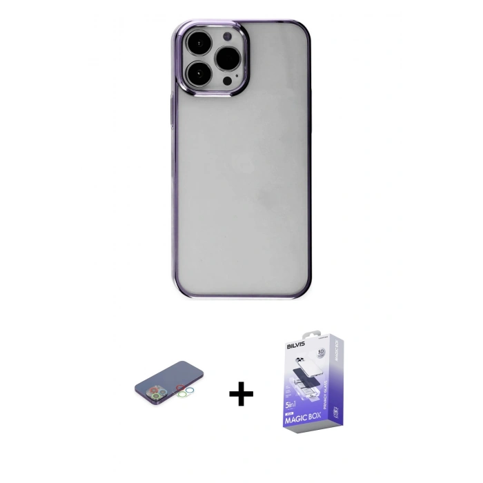 MARSİLYAN™- iPhone 13 Pro Max Kılıf Doruk Doku Prime - Siyah Bilvis 5in1 5D Magic Hayalet Cam Ekran Koruyucu + Renkli Kamera Lens Koruma Cam - MI
