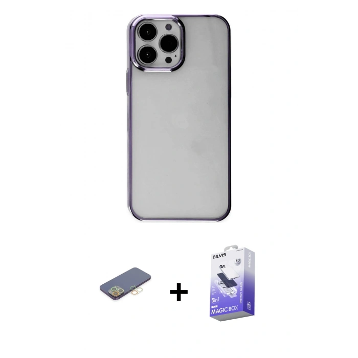 MARSİLYAN™- iPhone 13 Pro Max Kılıf Doruk Doku Prime - Siyah Bilvis 5in1 5D Magic Hayalet Cam Ekran Koruyucu + Renkli Kamera Lens Koruma Cam - SI