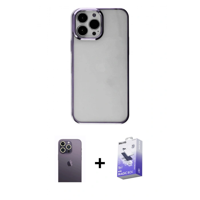 MARSİLYAN™- iPhone 13 Pro Max Kılıf Doruk Doku Prime - Siyah Bilvis 5in1 5D Magic Hayalet Cam Ekran Koruyucu + Neon Fosforlu Kamera Lens - BZ