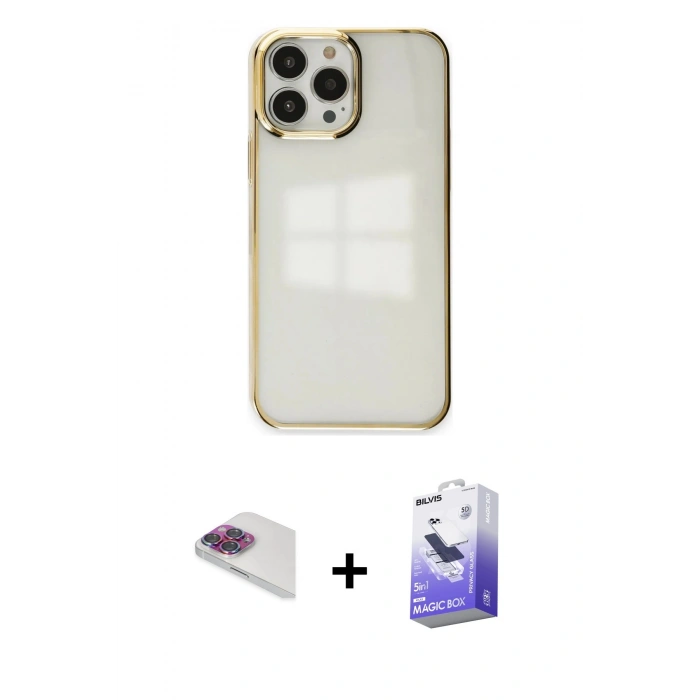 MARSİLYAN™- iPhone 13 Pro Max Kılıf Doruk Doku Prime - Siyah Bilvis 5in1 5D Magic Hayalet Cam Ekran Koruyucu + Gökkuşağı Pers Alüminyum Kamera Lens