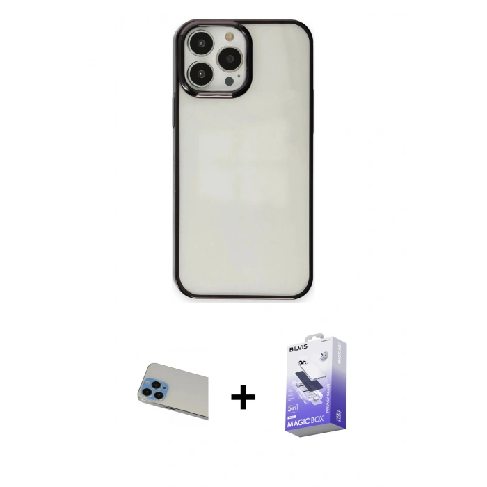 MARSİLYAN™- iPhone 13 Pro Max Kılıf Doruk Doku Prime - Siyah Bilvis 5in1 5D Magic Hayalet Cam Ekran Koruyucu + Rainbow Kamera Lens Koruma Cam - MI