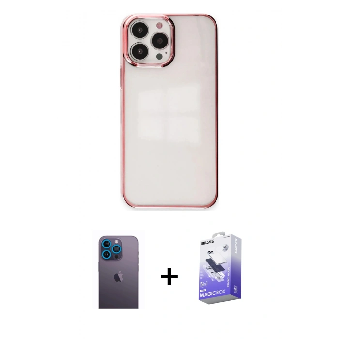 MARSİLYAN™- iPhone 13 Pro Max Kılıf Doruk Doku Prime - Siyah Bilvis 5in1 5D Magic Hayalet Cam Ekran Koruyucu + Neon Fosforlu Kamera Lens - MI