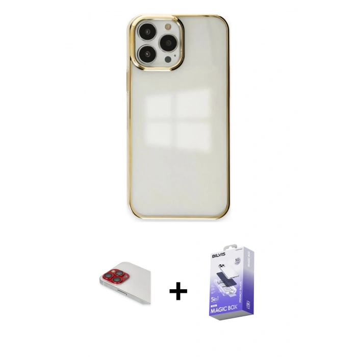 MARSİLYAN™- iPhone 13 Pro Max Kılıf Doruk Doku Prime - Siyah Bilvis 5in1 5D Magic Hayalet Cam Ekran Koruyucu + Pers Alüminyum Kamera Lens - KI