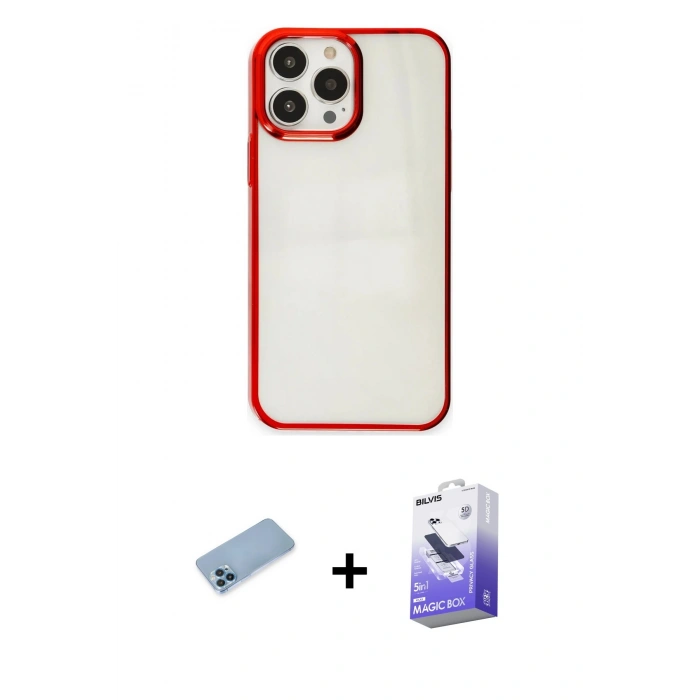 MARSİLYAN™- iPhone 13 Pro Max Kılıf Doruk Doku Prime - Siyah Bilvis 5in1 5D Magic Hayalet Cam Ekran Koruyucu + Shine Kamera Lens Koruma Cam - MI