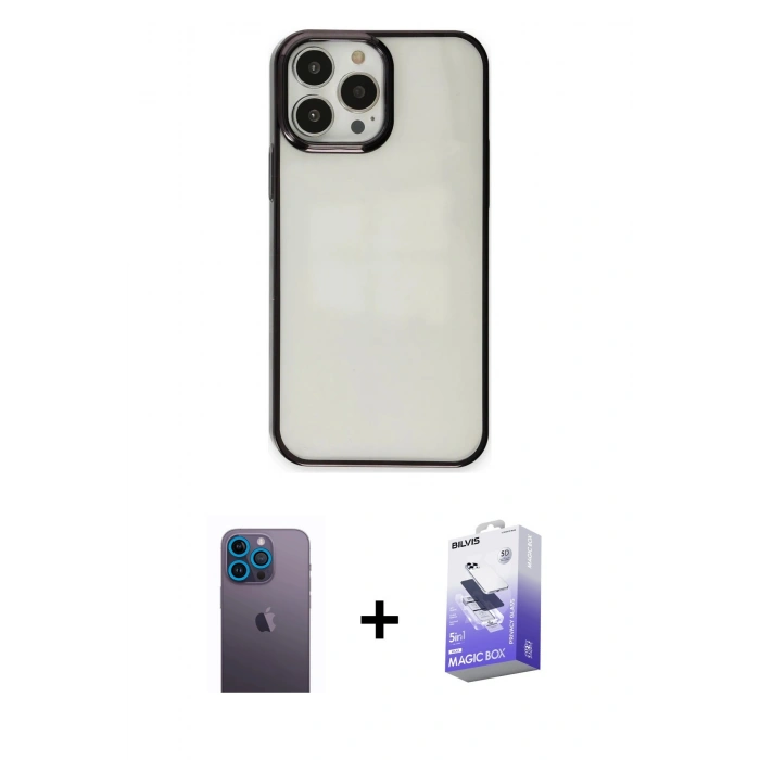 MARSİLYAN™- iPhone 13 Pro Max Kılıf Doruk Doku Prime - Siyah Bilvis 5in1 5D Magic Hayalet Cam Ekran Koruyucu + Neon Fosforlu Kamera Lens - MI