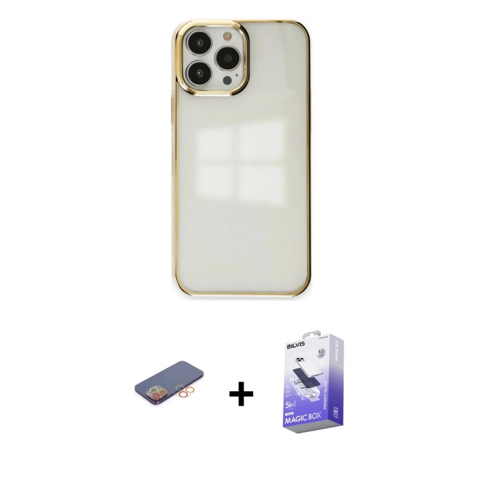 MARSİLYAN™- iPhone 13 Pro Max Kılıf Doruk Doku Prime - Siyah Bilvis 5in1 5D Magic Hayalet Cam Ekran Koruyucu + Renkli Kamera Lens Koruma Cam - TU