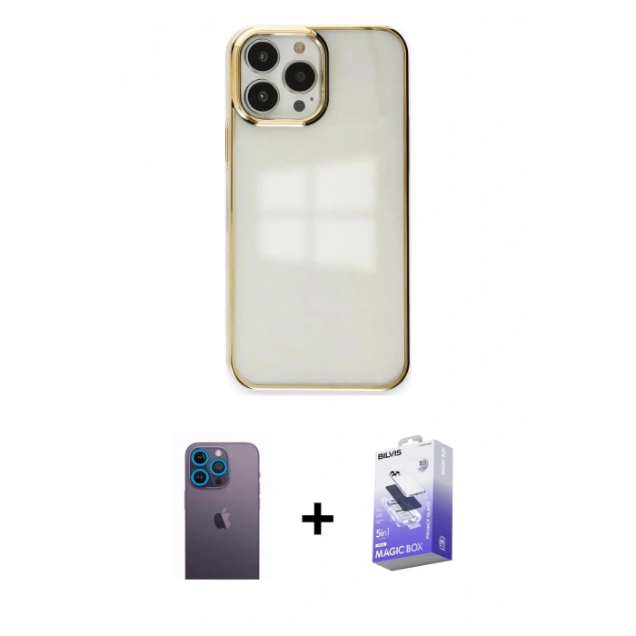 MARSİLYAN™- iPhone 13 Pro Max Kılıf Doruk Doku Prime - Siyah Bilvis 5in1 5D Magic Hayalet Cam Ekran Koruyucu + Neon Fosforlu Kamera Lens - MI
